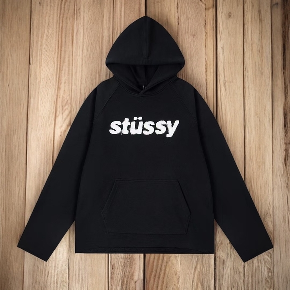 Stussy Black Hoodie with White Text - Picture 1 of 10